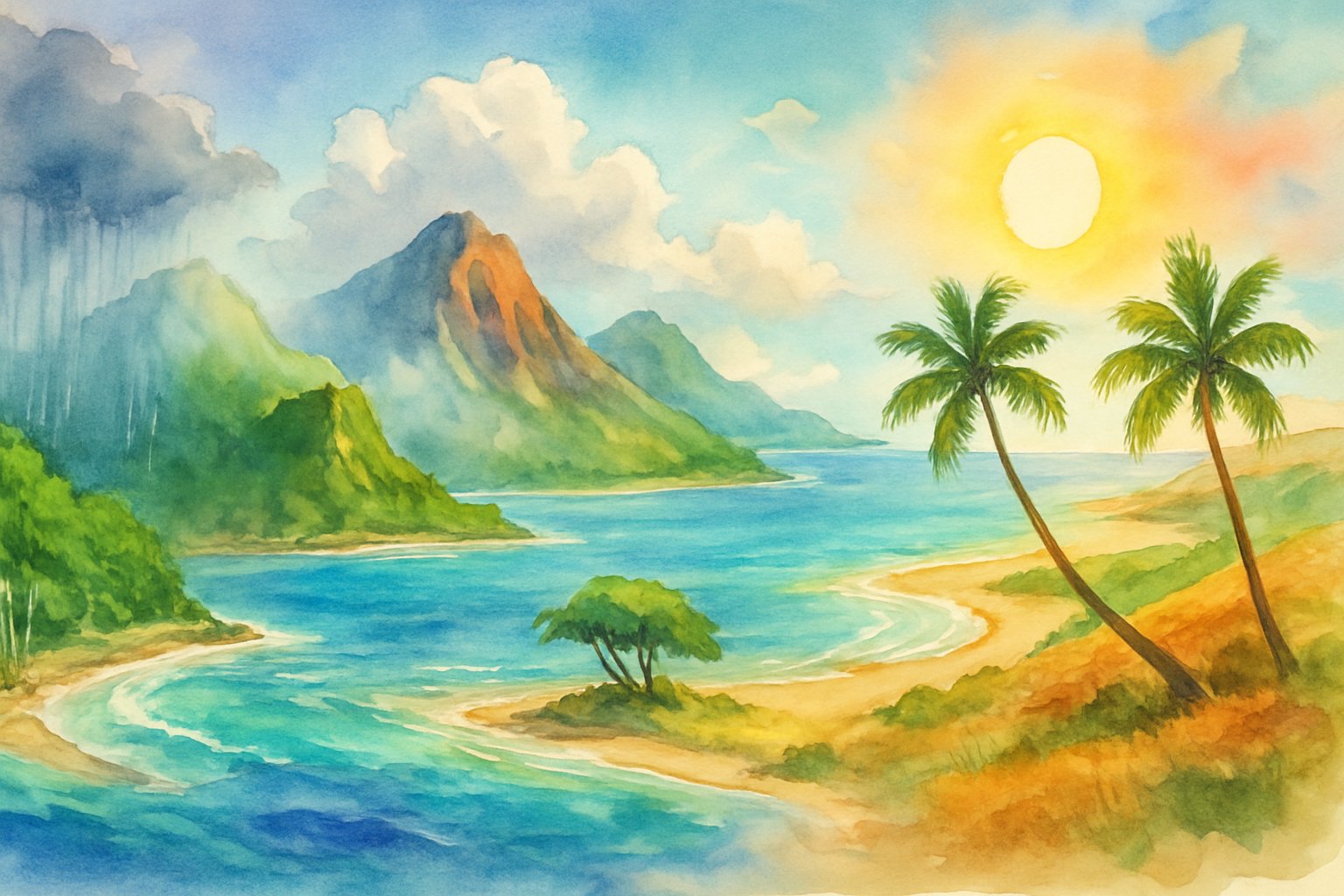 A panoramic view of the Hawaiian Islands showing green rainforests, volcanic mountains, sunny beaches, and dry grasslands under varying weather conditions including rain clouds, sunshine, and gentle winds.