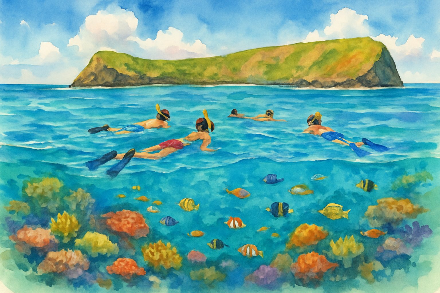 A group of snorkelers exploring clear blue waters near a crescent-shaped volcanic crater surrounded by greenery.