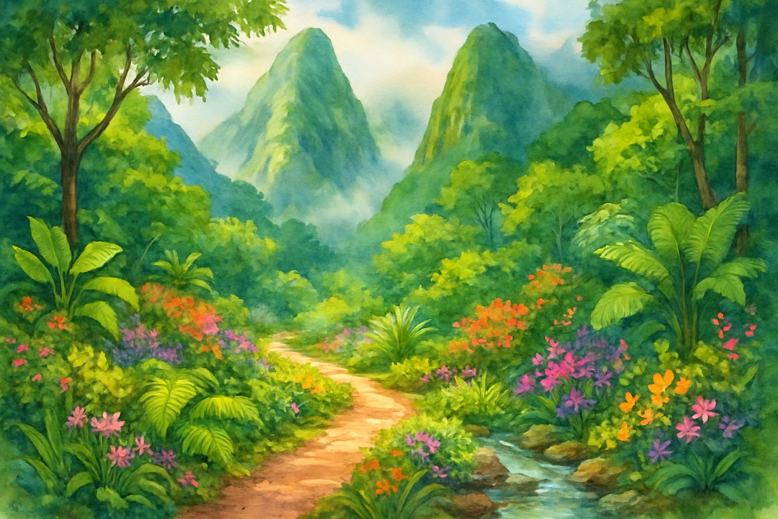 A lush valley with green mountains, dense tropical plants, a winding hiking trail, and a small stream flowing through the landscape.