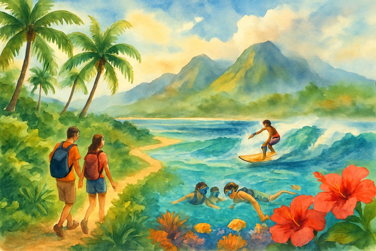 A tropical Hawaiian landscape with palm trees, mountains, ocean waves, and people hiking, snorkeling, and surfing.