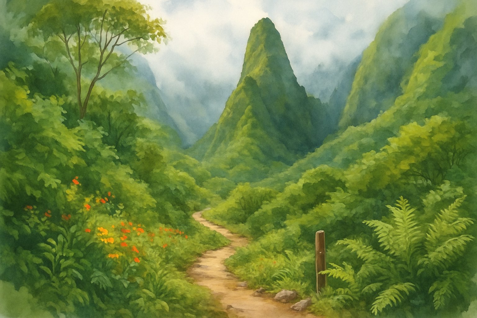 A lush green valley with a winding hiking trail, tall mountains in the background, and dense tropical plants surrounding the path.