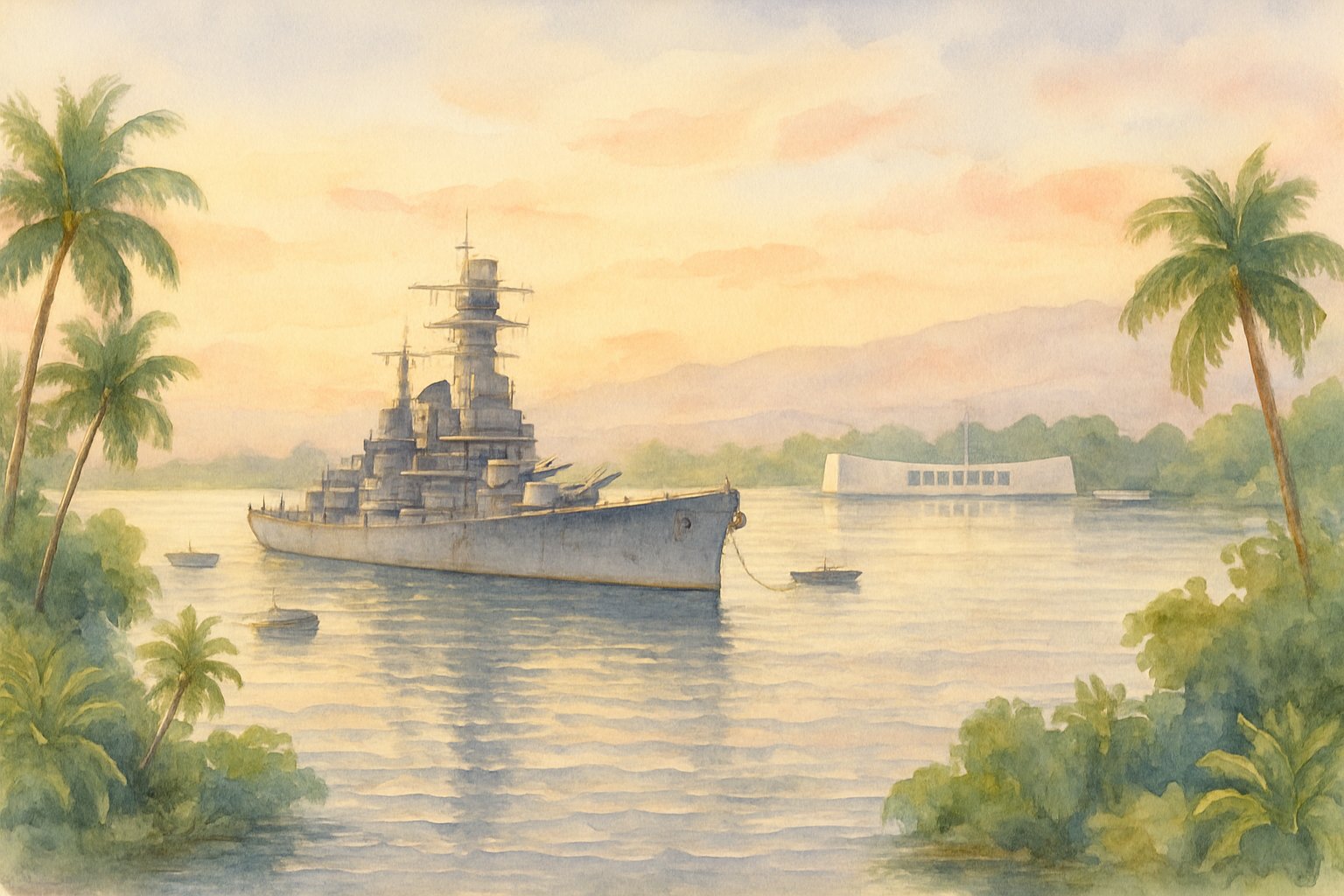 A calm harbor with a vintage battleship anchored, surrounded by palm trees and tropical plants, with a memorial structure visible in the background under a soft morning sky.