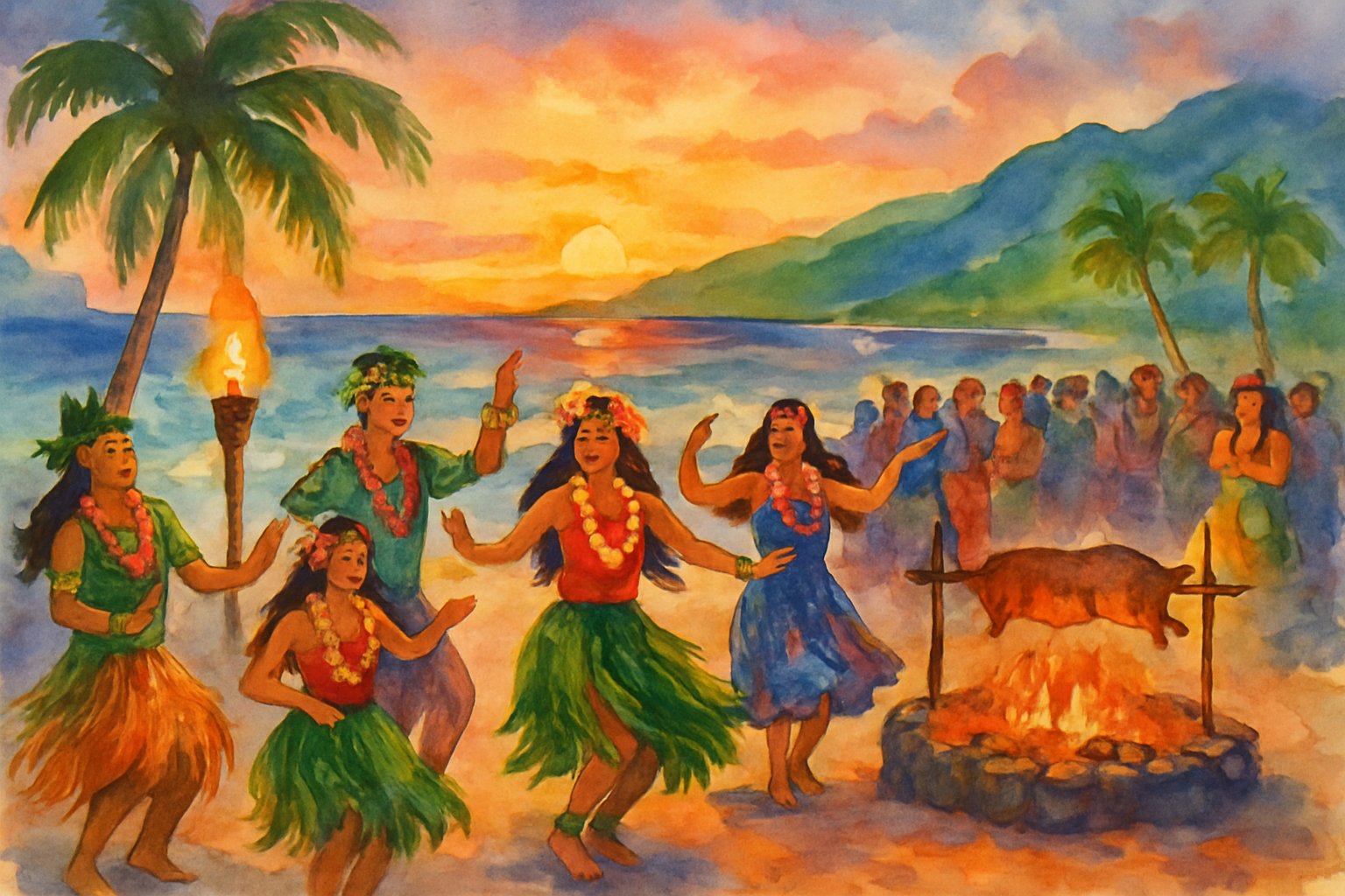 People dancing and celebrating on a beach at sunset with palm trees, a fire pit, and mountains in the background.