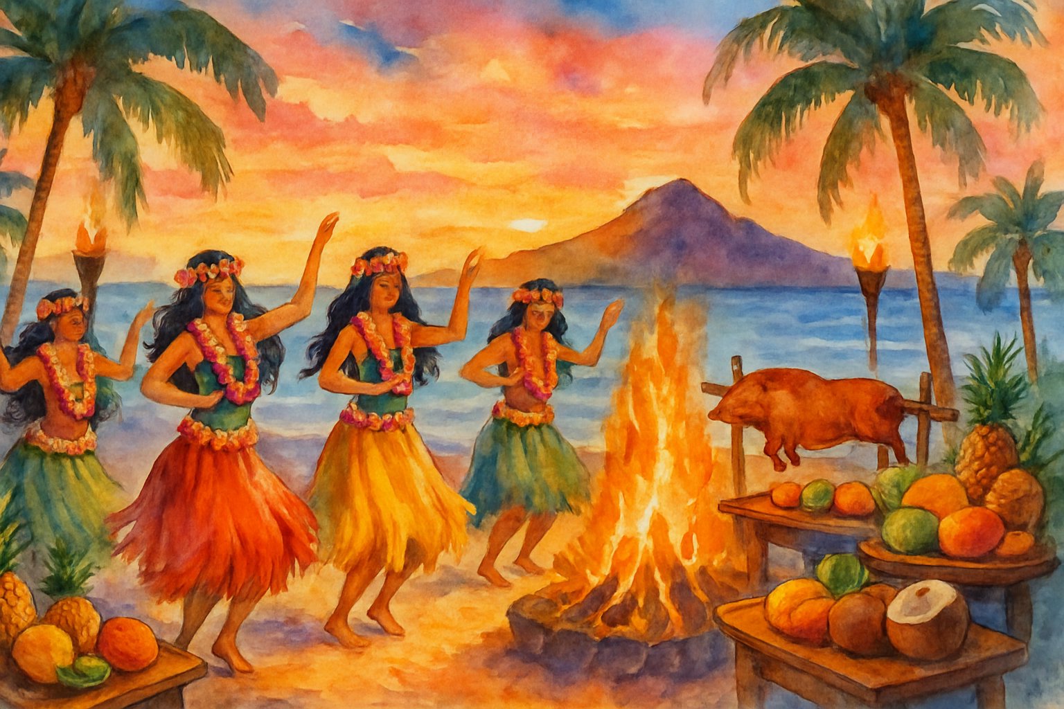 A beach at sunset with hula dancers, a fire pit roasting a pig, palm trees, and tropical fruits, with the ocean and mountains in the background.
