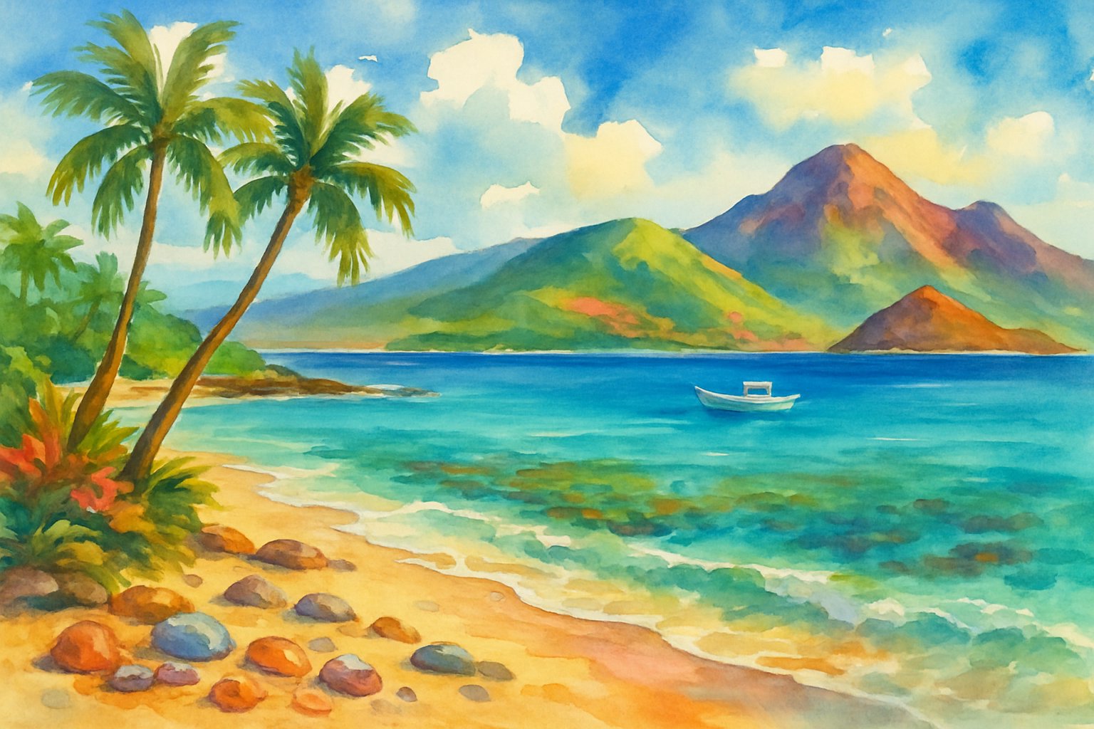 A peaceful coastal scene with a sandy beach, palm trees, turquoise water, a small boat, and green hills in the background.