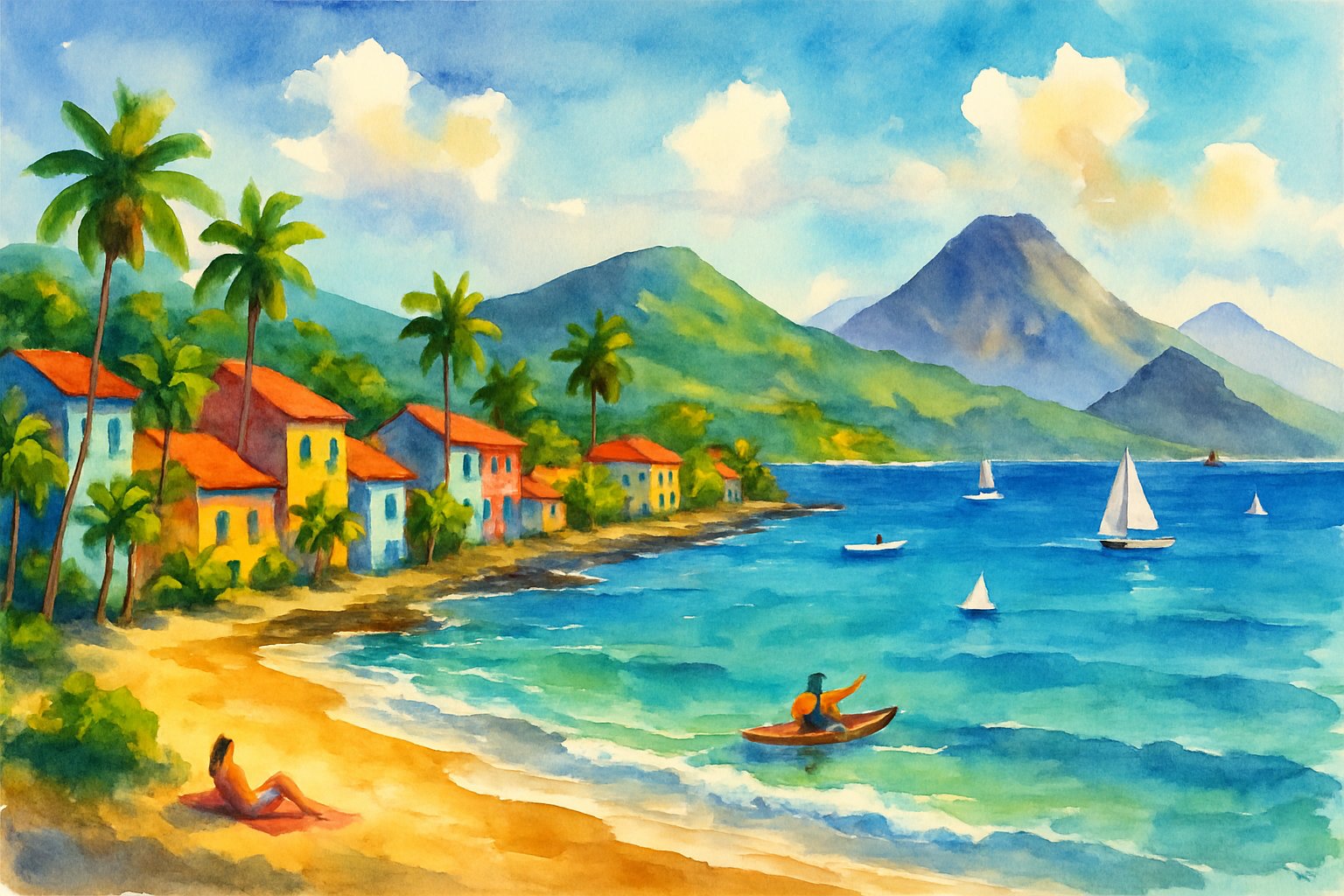 A coastal town with colorful houses, palm trees, a sandy beach, people enjoying water activities, green hills, and boats on the ocean under a blue sky.