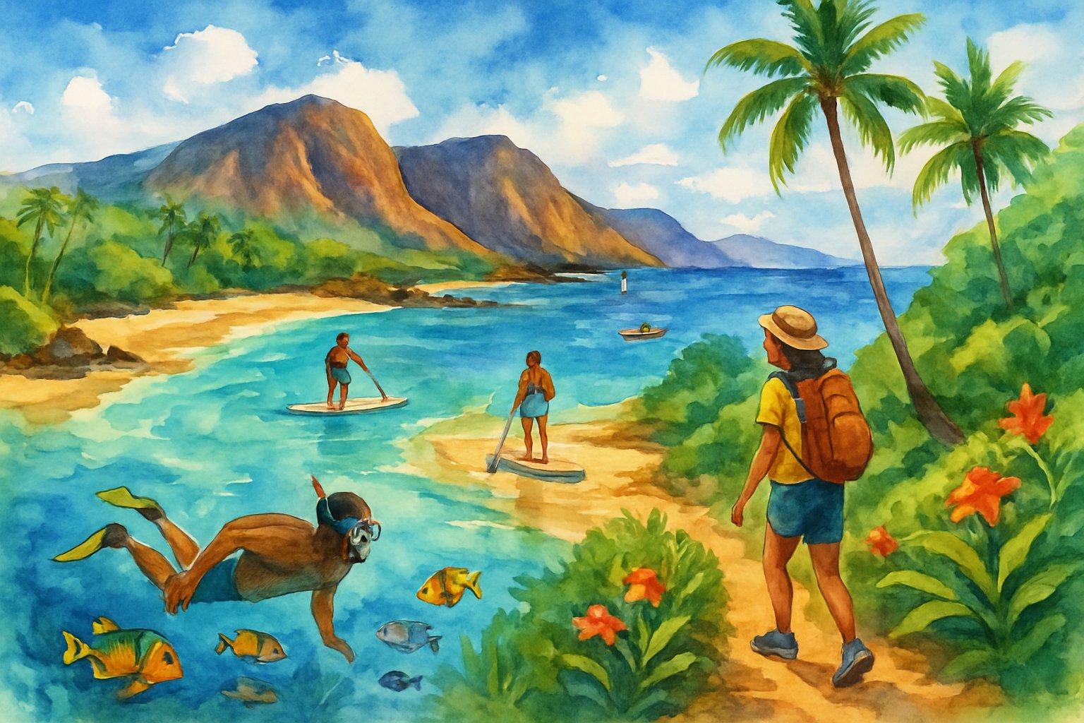 Coastal scene with people snorkeling, paddleboarding, and hiking near a beach with clear water, tropical plants, and distant volcanic cliffs.