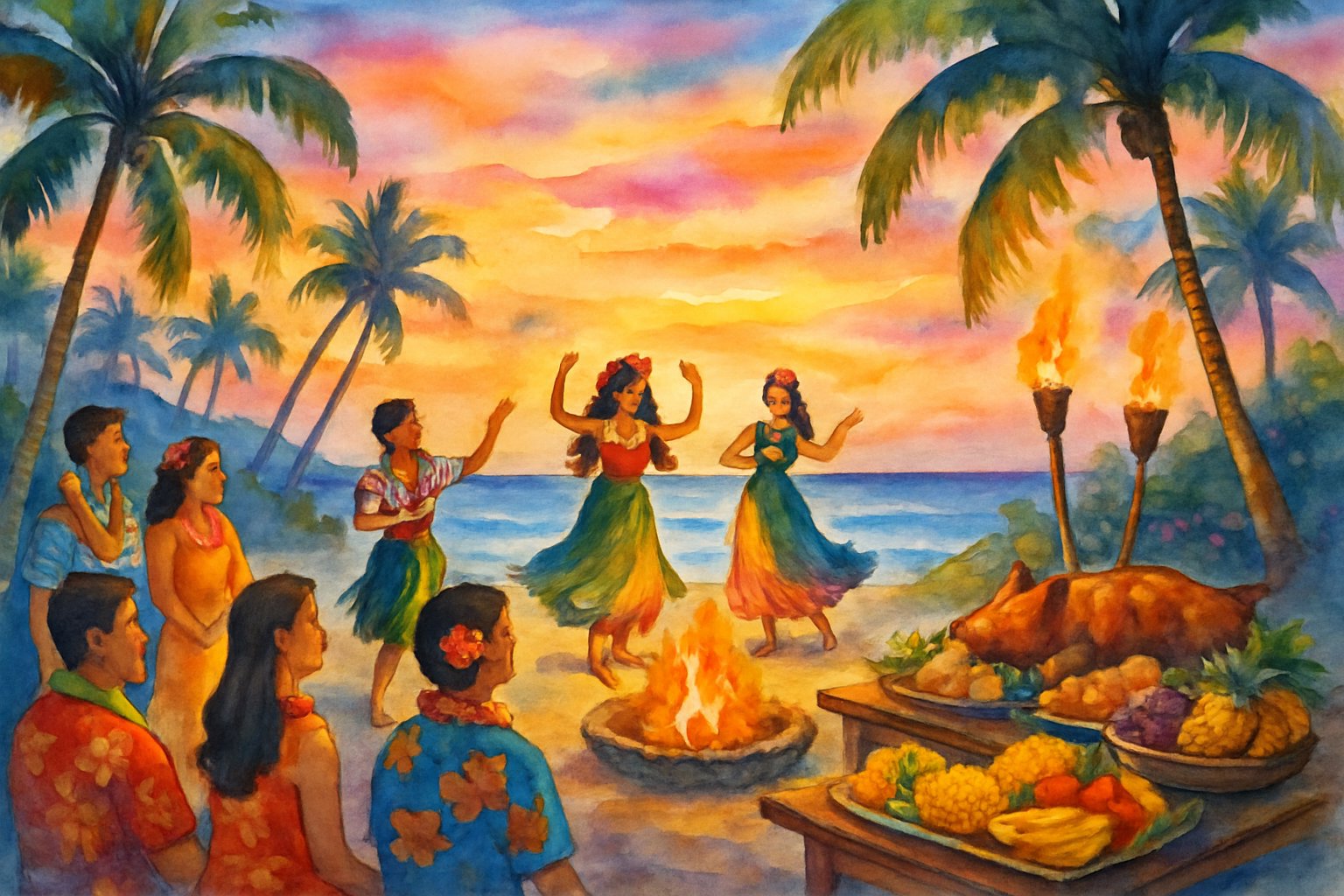 People enjoying a traditional Hawaiian luau on a tropical beach at sunset with hula dancers, palm trees, and a fire pit.
