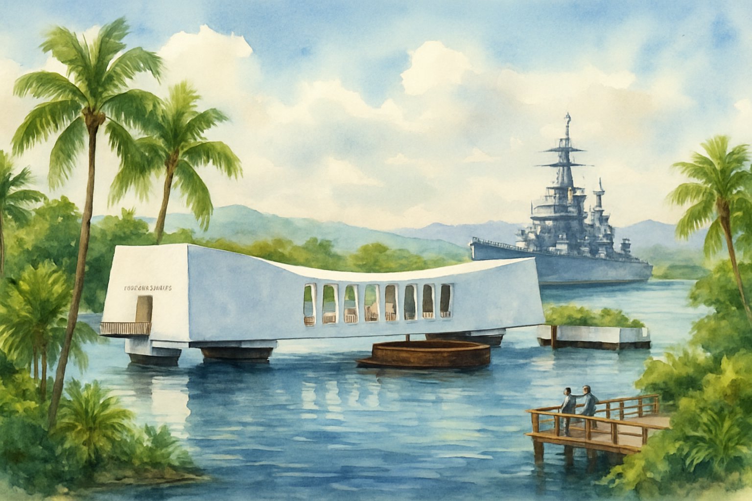 A peaceful harbor scene with a white memorial structure over calm water, surrounded by palm trees, a battleship in the background, and visitors observing from a dock.