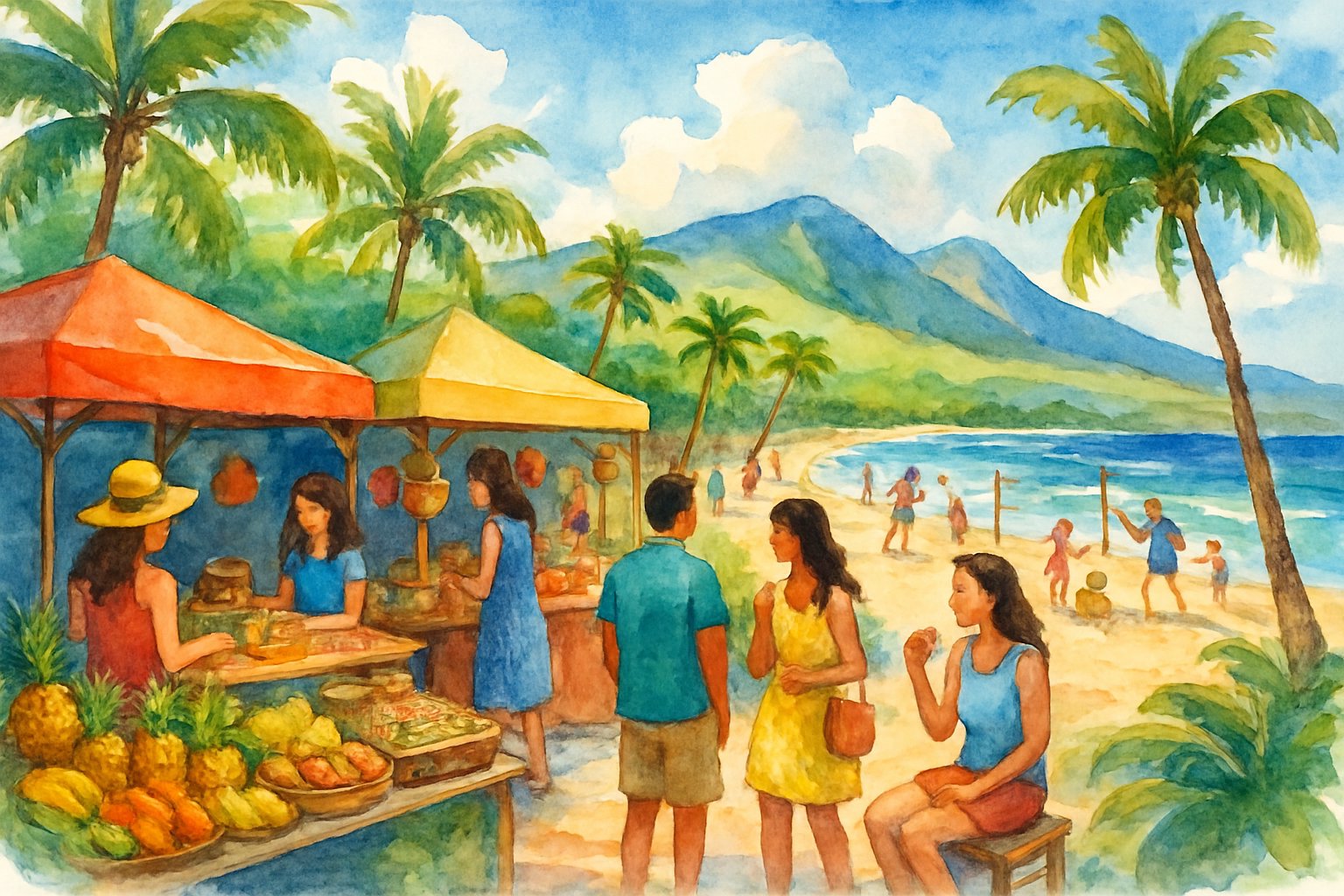 A sunny coastal scene with people shopping at outdoor market stalls, playing on the beach, and relaxing near palm trees with hills and mountains in the background.
