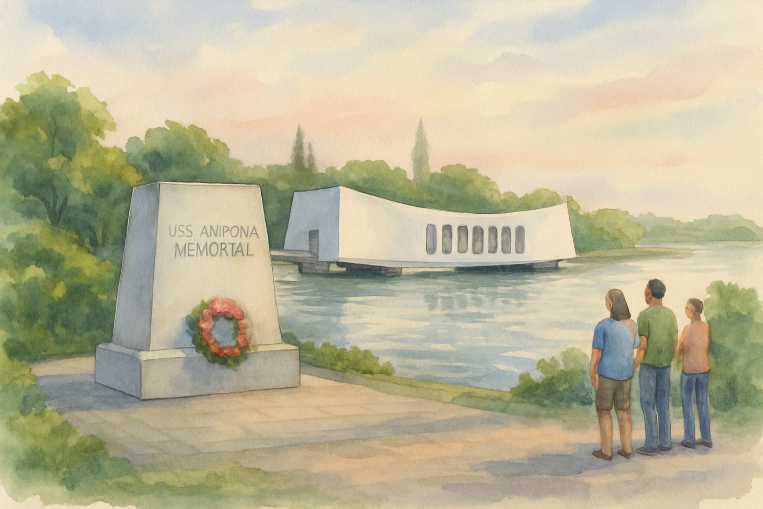 A peaceful scene at Pearl Harbor showing a memorial by calm water with visitors quietly observing and trees in the background.