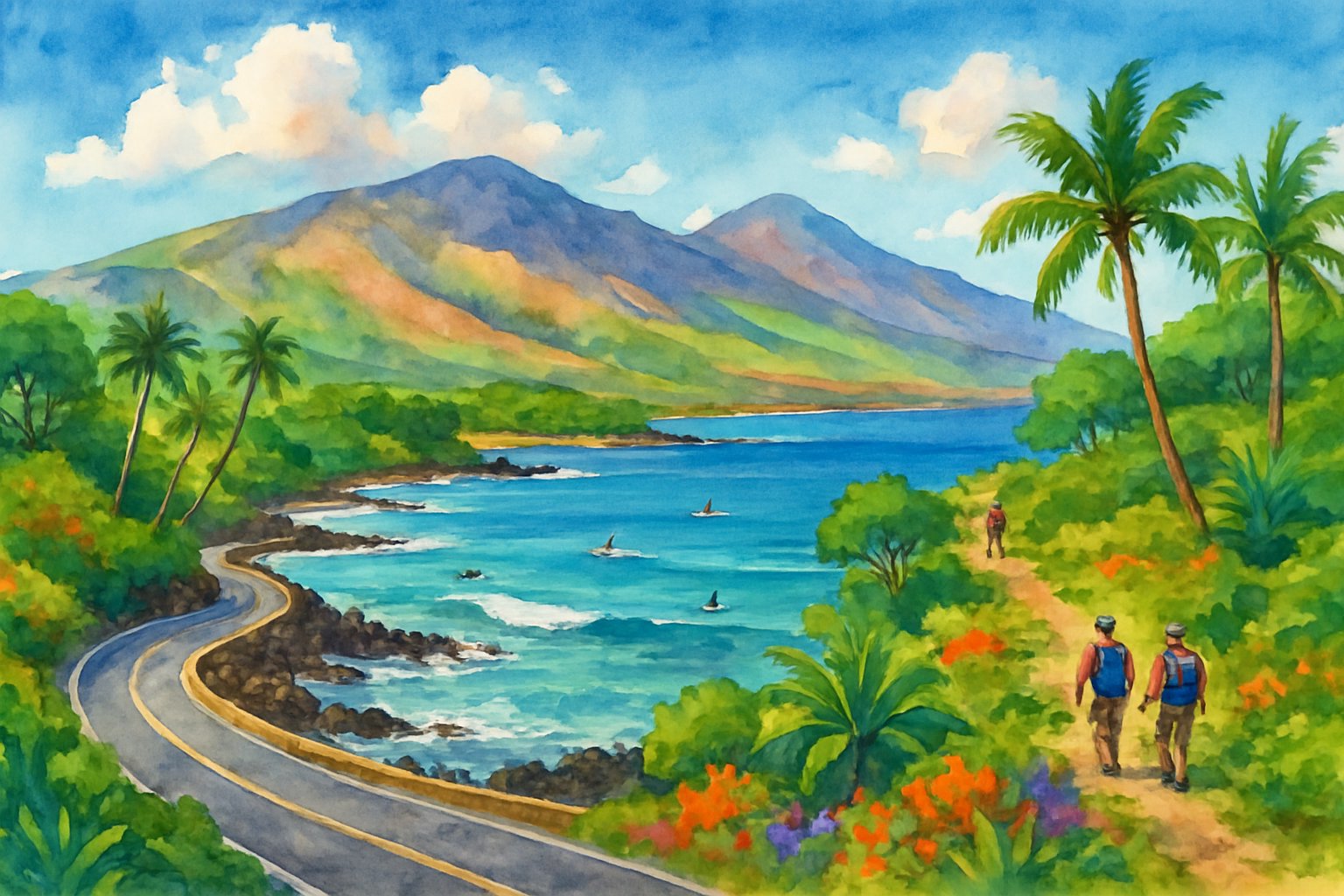 A coastal landscape with mountains, ocean waves, palm trees, and people hiking and surfing along a winding shoreline.