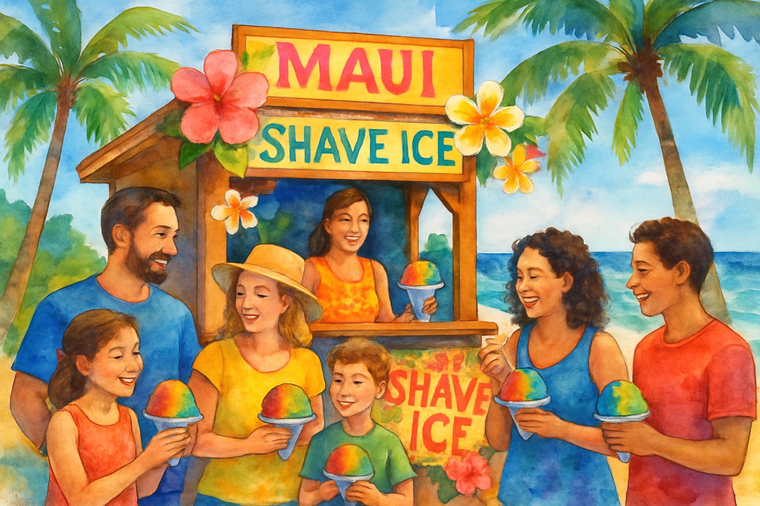 A tropical beach scene in Maui with a wooden stand selling colorful shave ice and people enjoying the treats under palm trees by the ocean.