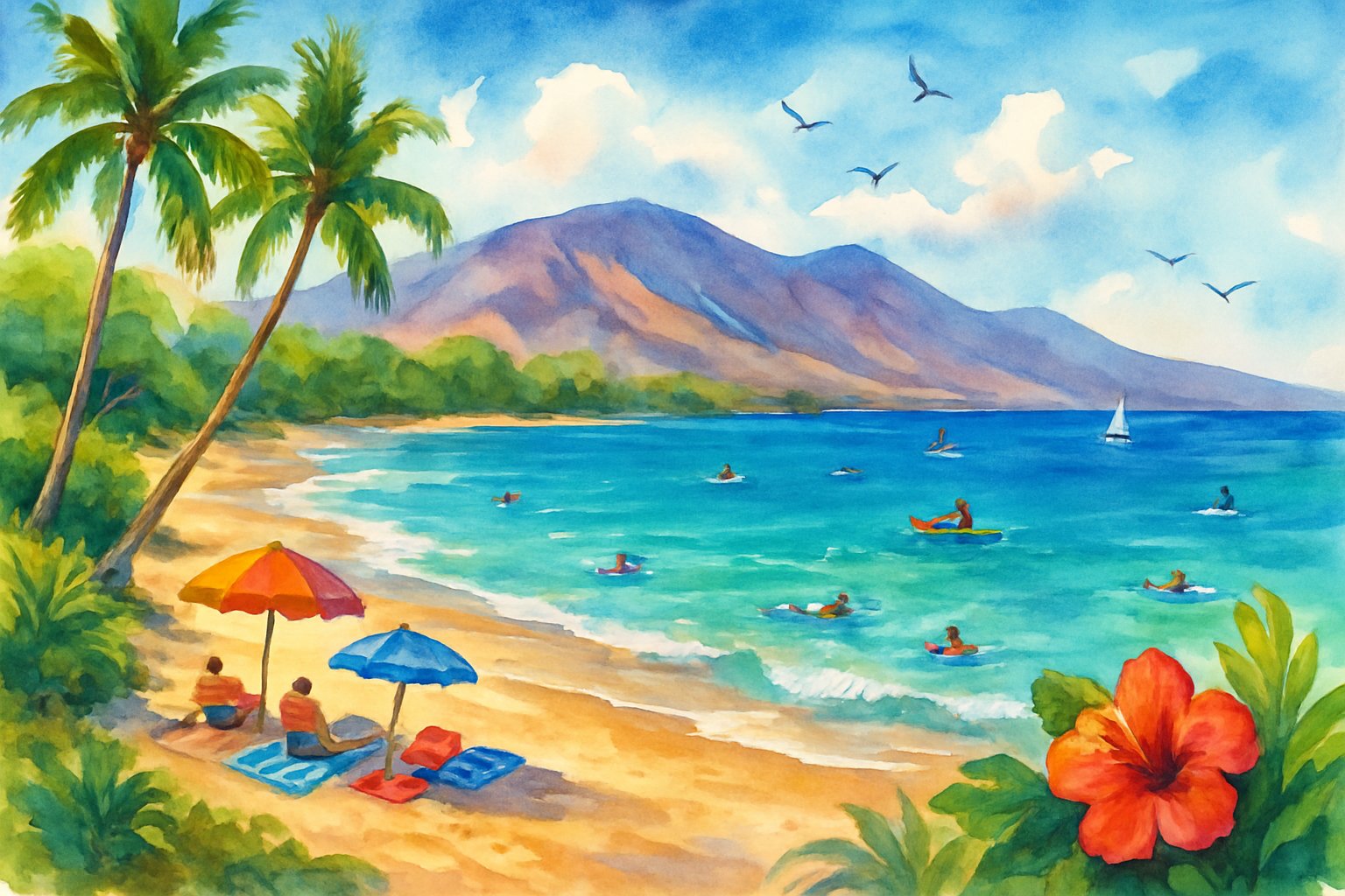 A sunny beach scene near Kihei with people enjoying the water, palm trees, mountains in the distance, and boats on clear blue ocean.