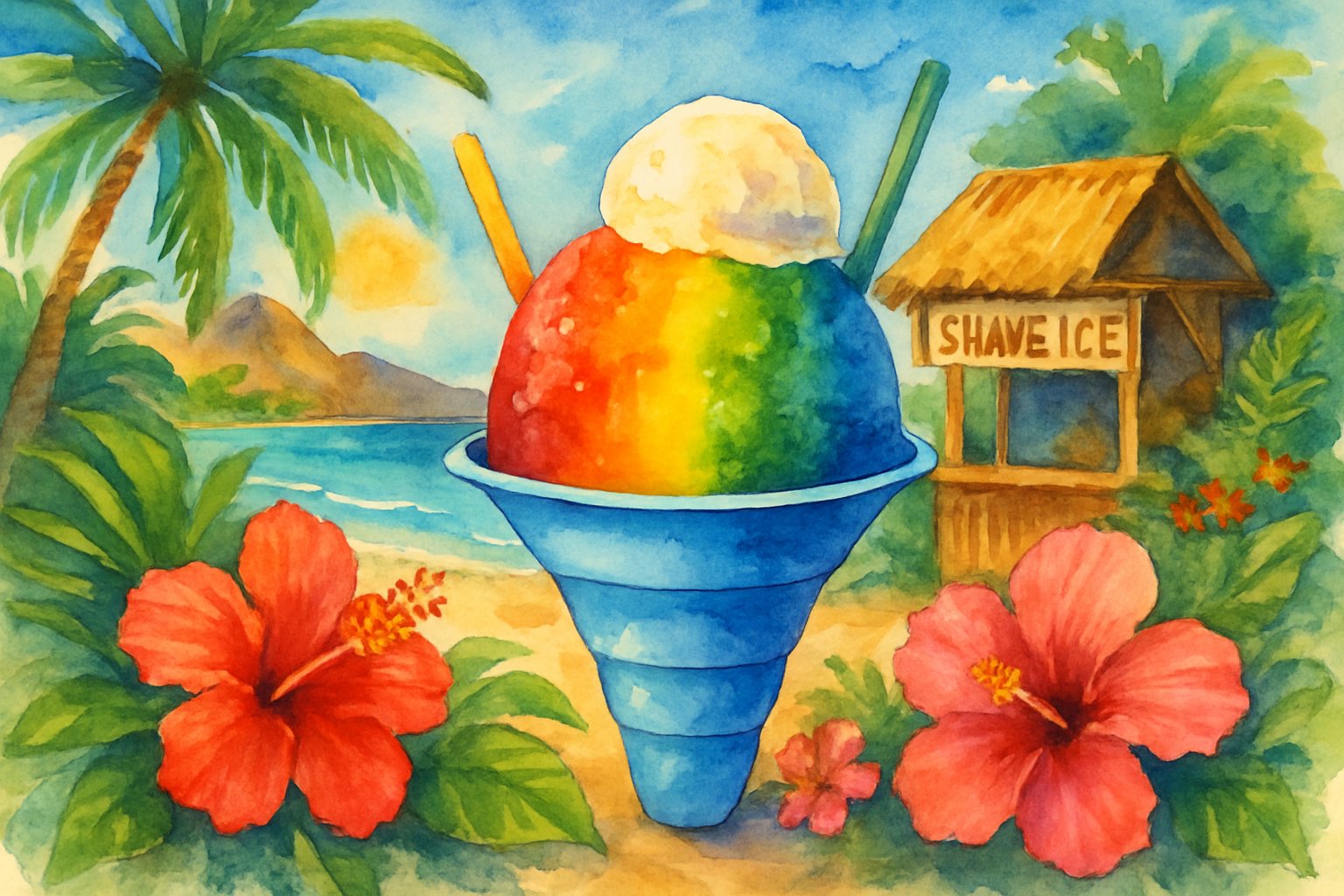 A colorful shave ice cone with tropical plants, a wooden stand, ocean waves, and mountains in the background.