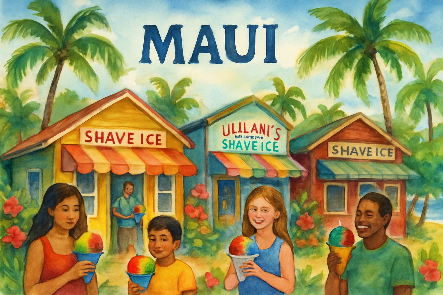 A tropical beach scene with colorful shave ice shops, palm trees, and people enjoying shaved ice treats.