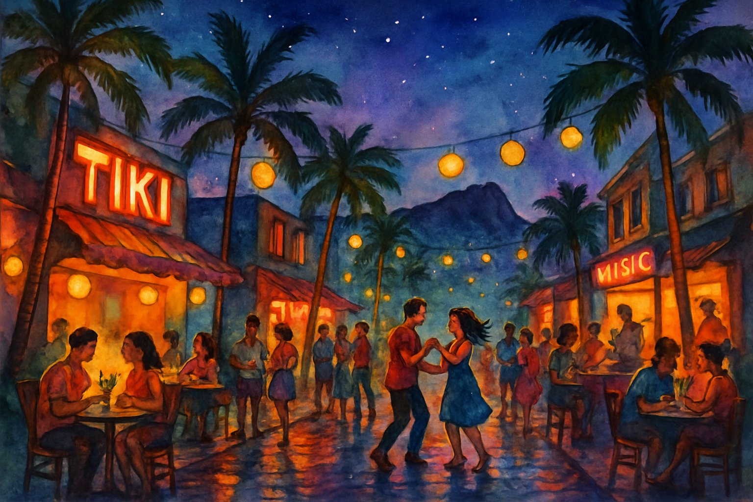 A lively nighttime street scene in Honolulu with people enjoying music, drinks, and palm trees under a starry sky.