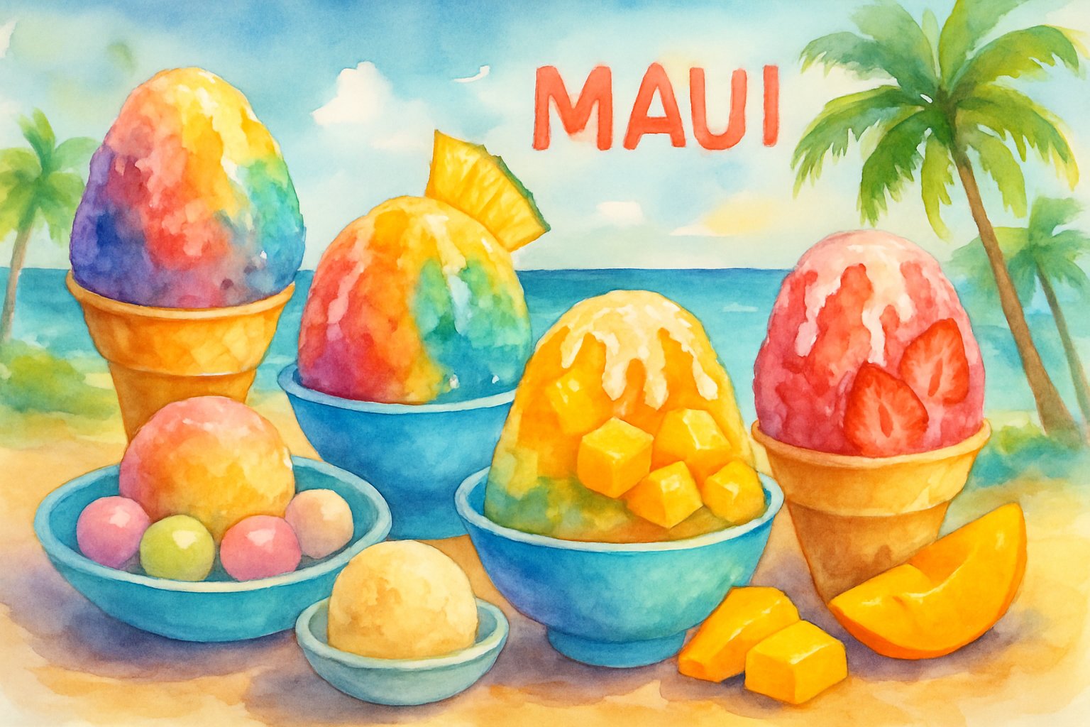 A colorful scene showing bowls and cones of shave ice topped with fruit and sweet treats, set against a tropical beach with palm trees and ocean waves.