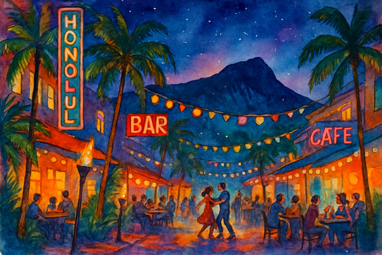 A lively nighttime street scene in Honolulu with people enjoying outdoor bars, palm trees, and a distant mountain silhouette under a starry sky.