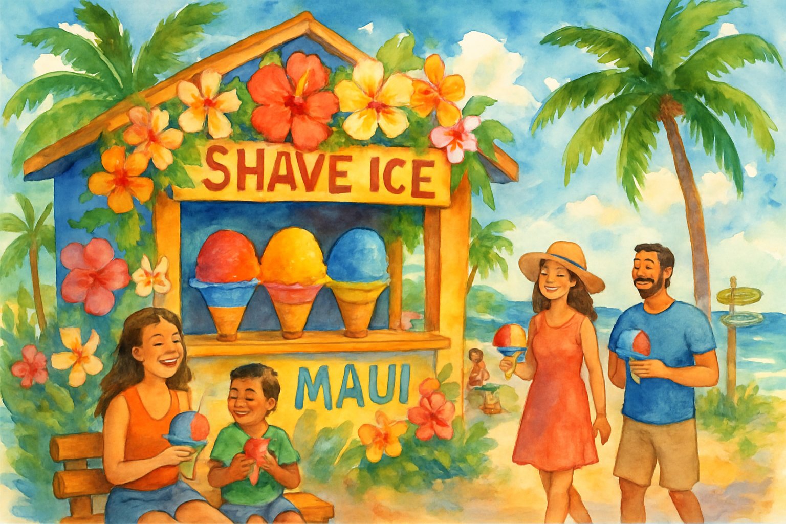 People enjoying colorful shave ice near a tropical beach with palm trees and ocean in the background.