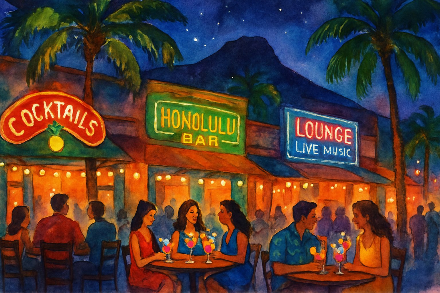 A lively nighttime street scene in Honolulu with people enjoying drinks outdoors under palm trees and string lights, with a mountain silhouette in the background.