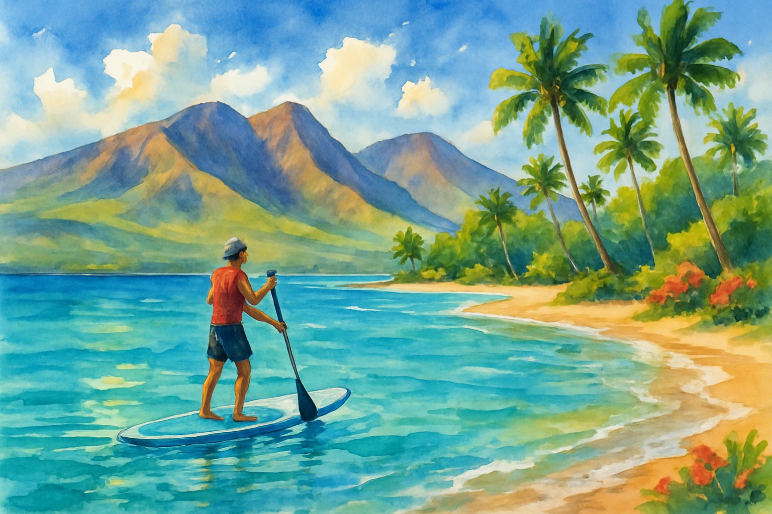 A paddleboarder on clear blue water near a tropical shoreline with palm trees and mountains in the background.