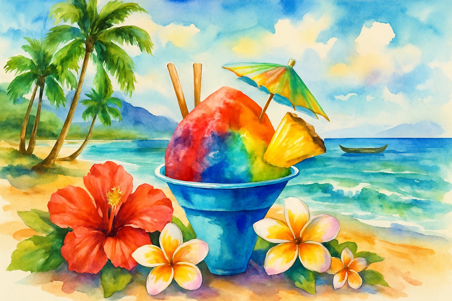 A tropical beach scene with a colorful shave ice cone, palm trees, tropical flowers, white sand, and clear ocean water under a sunny sky.