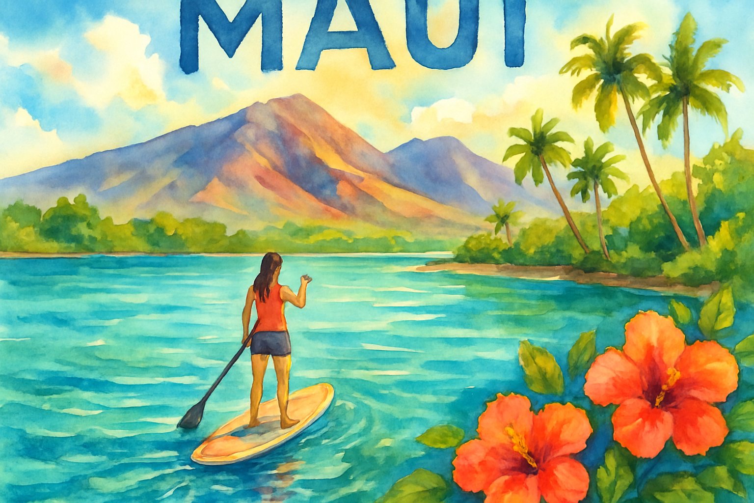 A paddleboarder on clear blue water near a tropical shoreline with palm trees and mountains in the background.