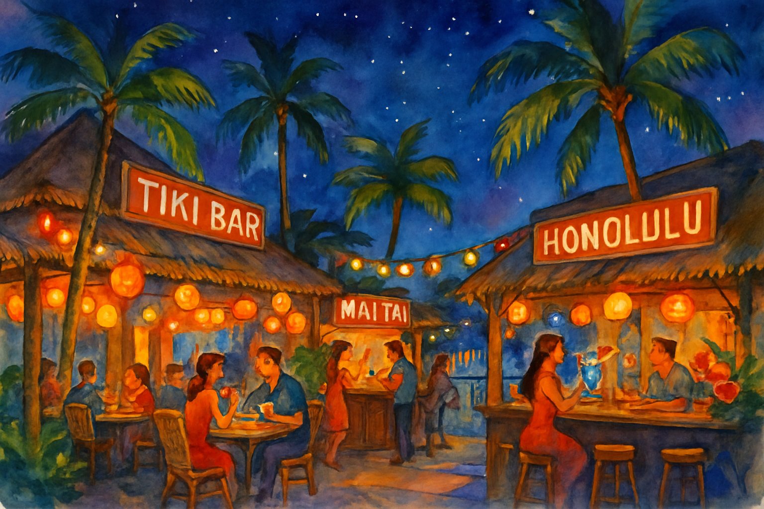 A lively nighttime street scene in Honolulu with people enjoying drinks outdoors under palm trees and colorful lanterns.
