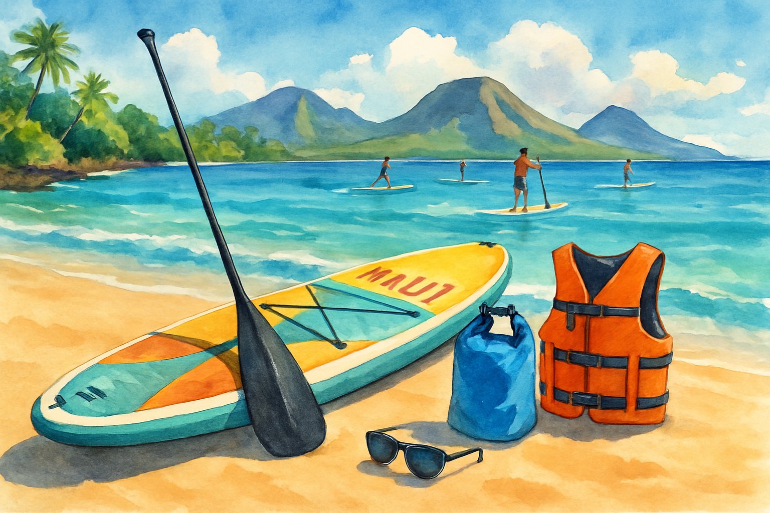A beach scene with paddleboarding gear on the sand and people paddleboarding on clear blue water surrounded by tropical plants and mountains.