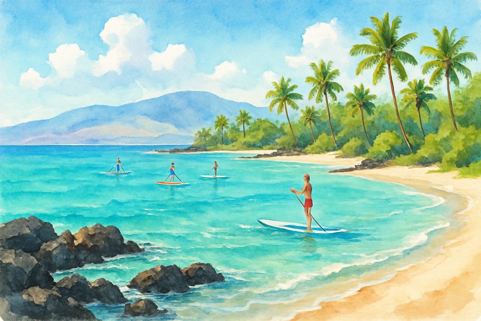 Coastal scene with paddleboarders on calm turquoise water near black lava rocks and sandy beaches, surrounded by palm trees and distant hills.