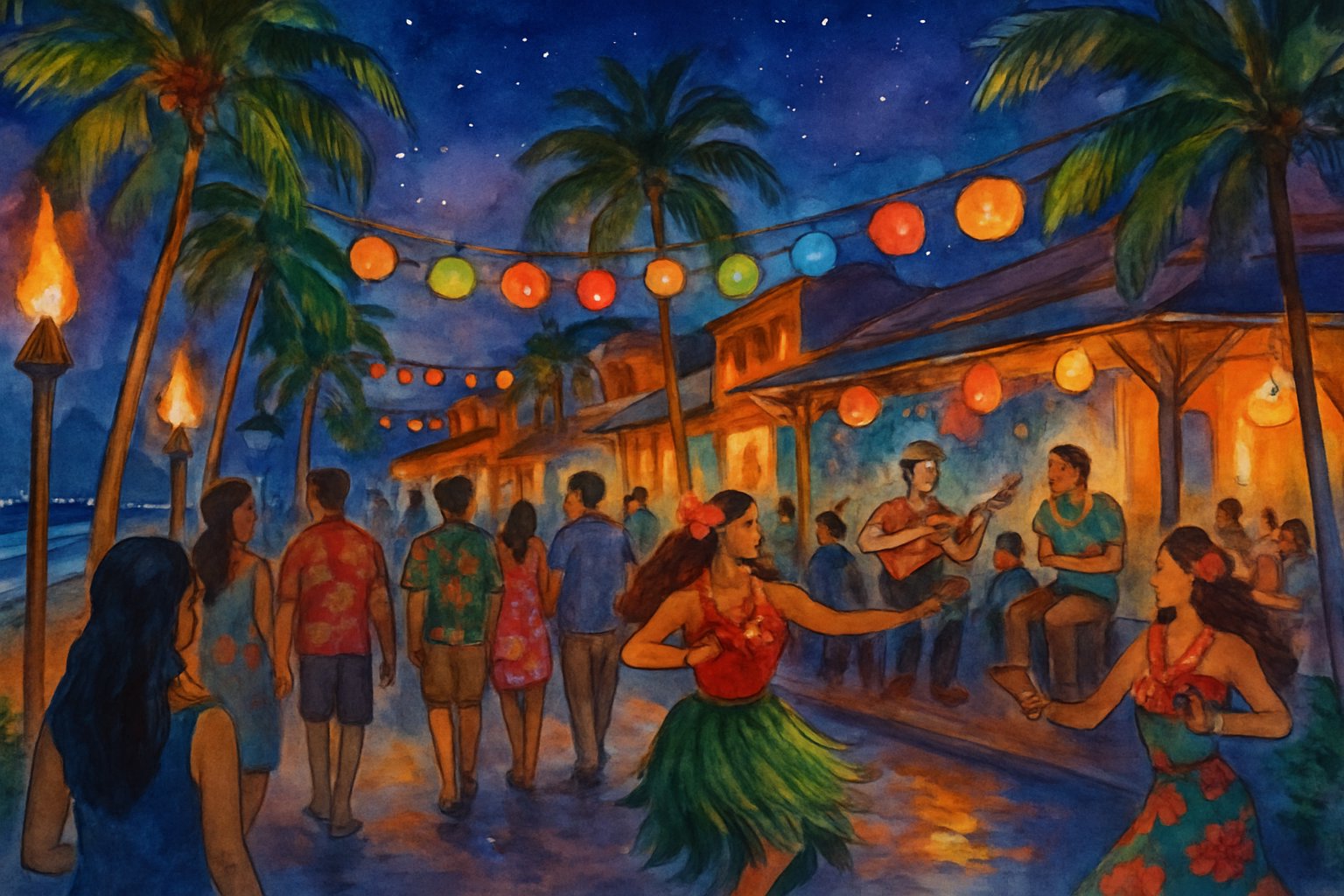 A lively nighttime street scene in Honolulu with people enjoying music and dancing near palm trees and tiki torches by the ocean.