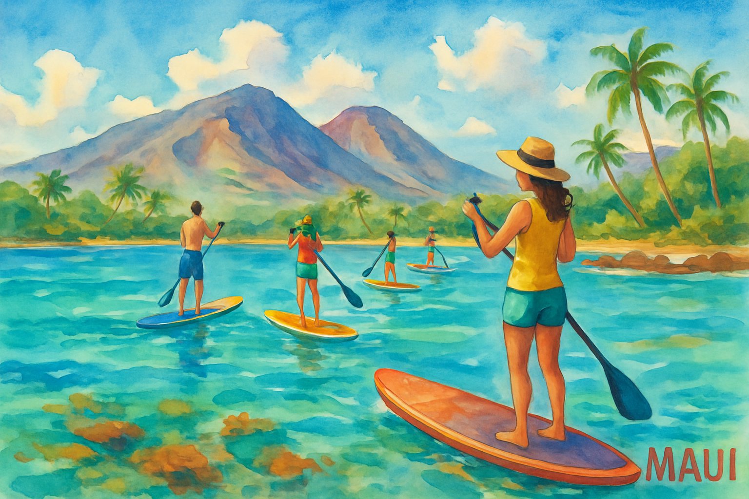 Paddleboarders on clear blue ocean water near a tropical island with mountains, palm trees, and sandy beaches.