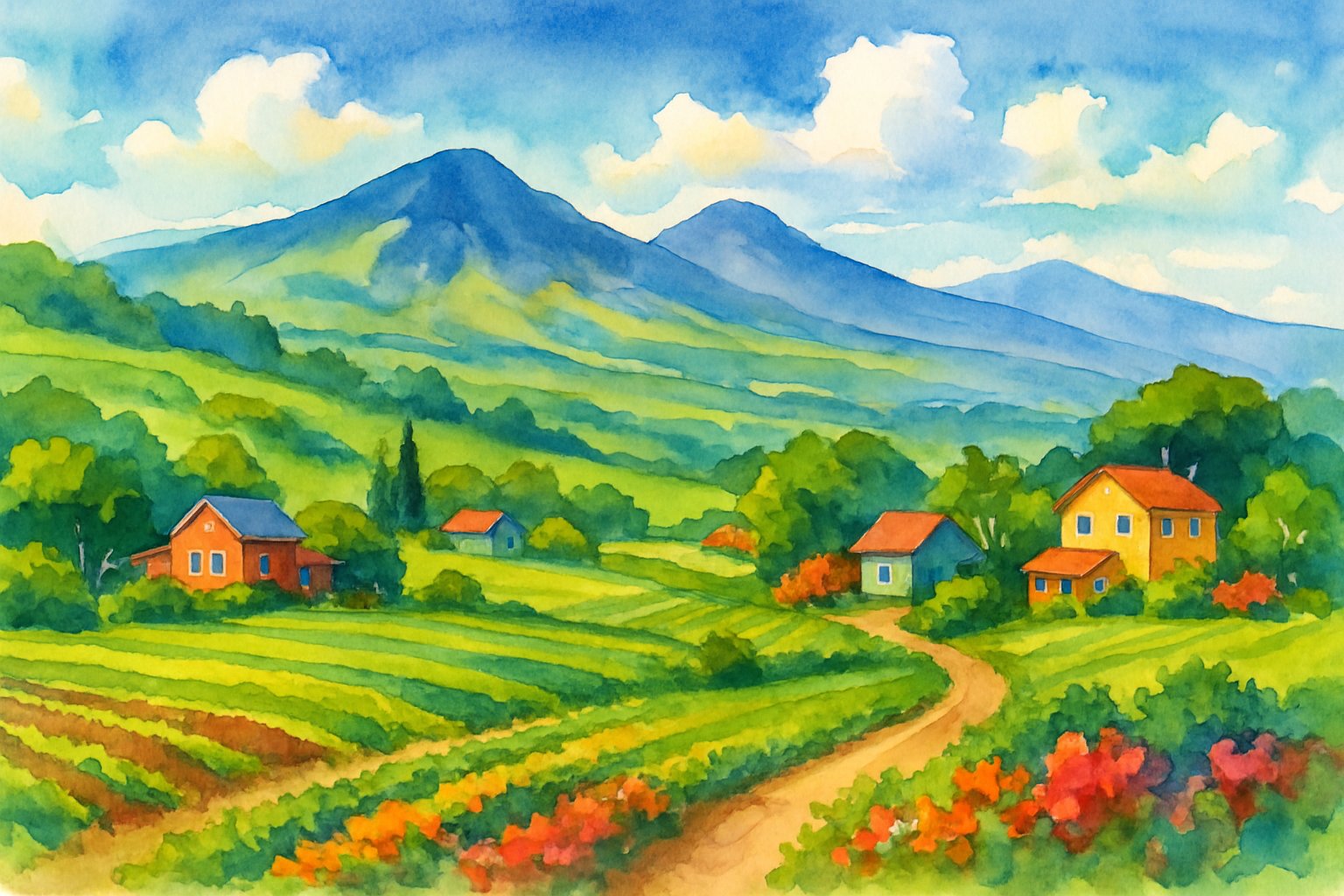 A peaceful landscape of green hills with farms, crops, flowers, a dirt path, and distant mountains under a blue sky with clouds.