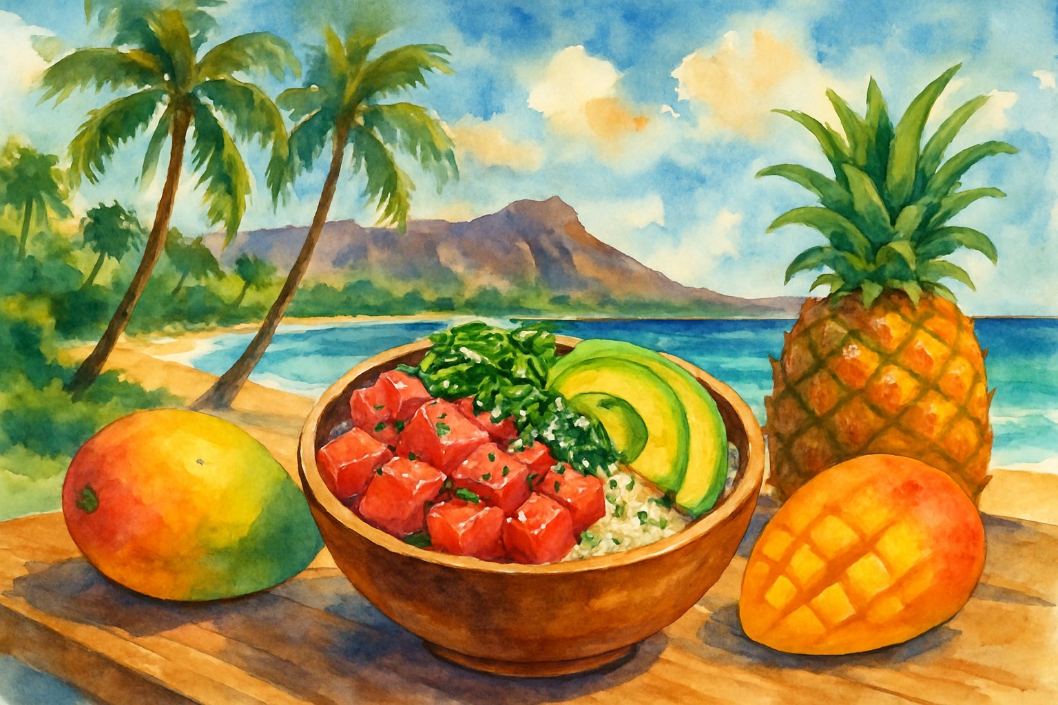 A bowl of fresh poke with tropical fruits on a wooden table by a beach with palm trees, ocean waves, and a canoe in the background.