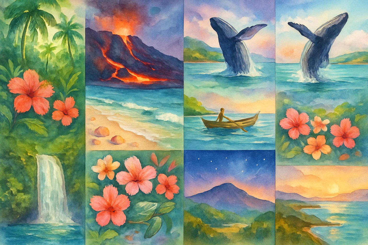 A colorful scene showing a tropical rainforest, volcanic crater, beach with waves, whale breaching, canoe on the ocean, waterfall, tropical flowers, mountain summit with stars, sea turtle near coral reefs, and rolling hills at sunset.