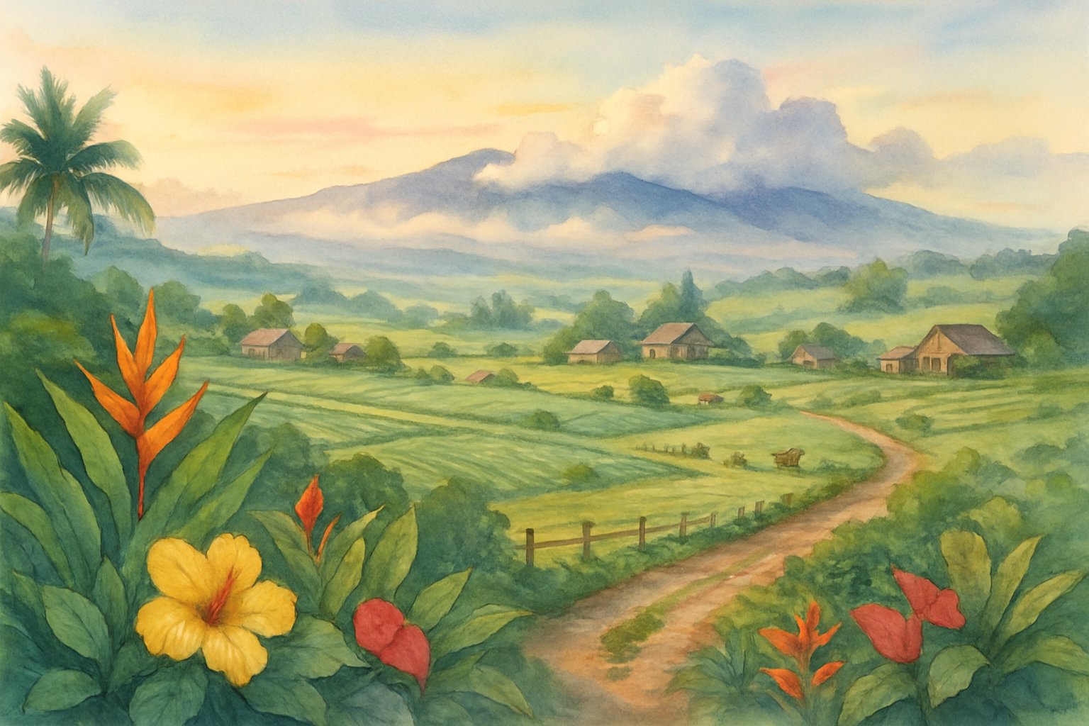 A peaceful landscape of rolling green hills with farms, tropical plants, a winding path, and distant mountains under a soft sunrise sky.