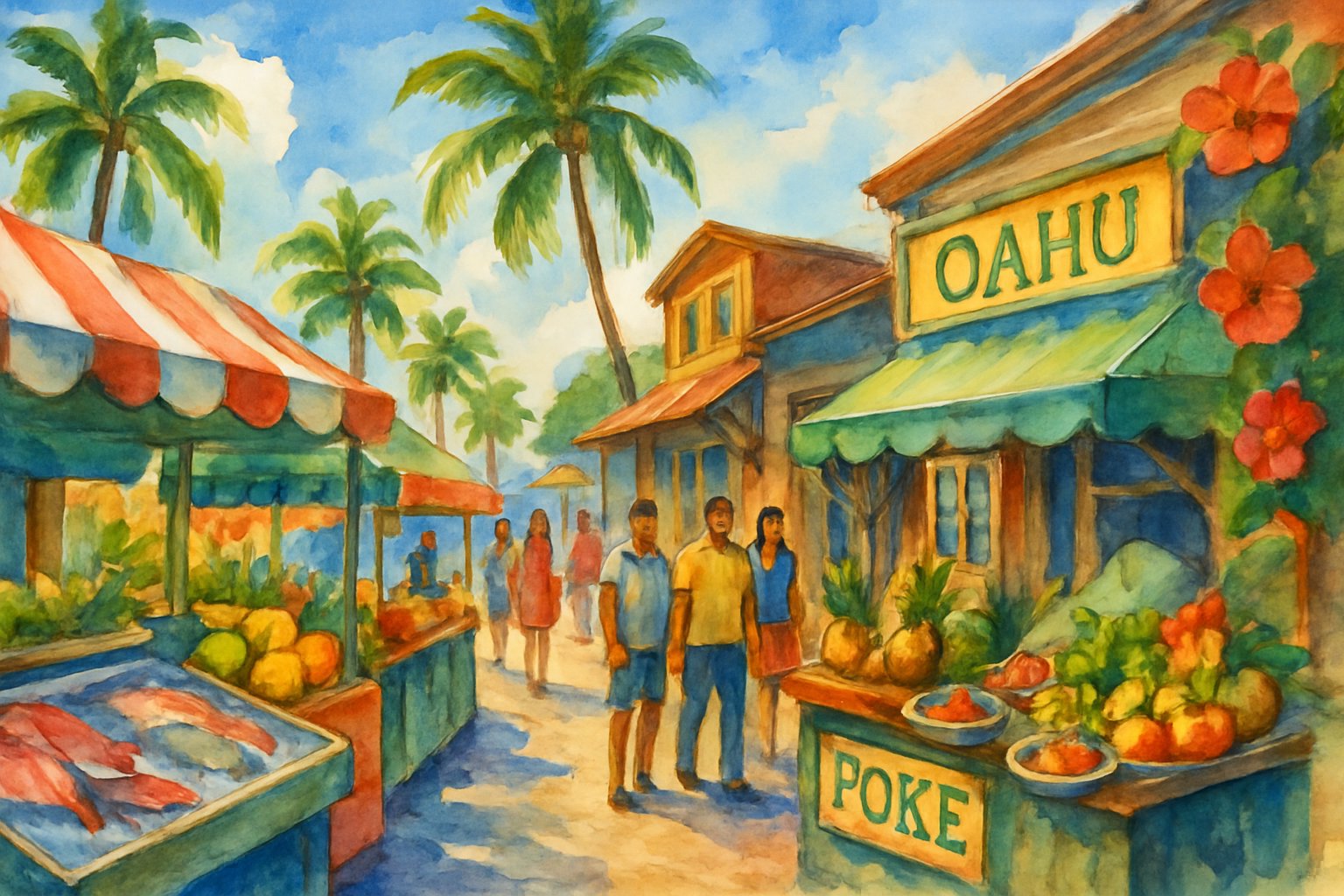 A lively street scene in Oahu with market stalls selling fresh fish and poke bowls, palm trees, people walking, and the ocean in the background.