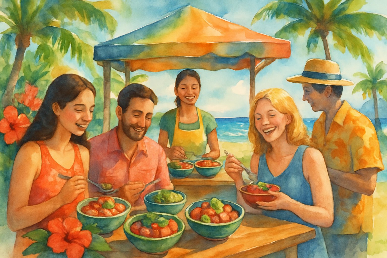 A lively outdoor market scene by the beach with people enjoying fresh poke bowls surrounded by palm trees and ocean waves.