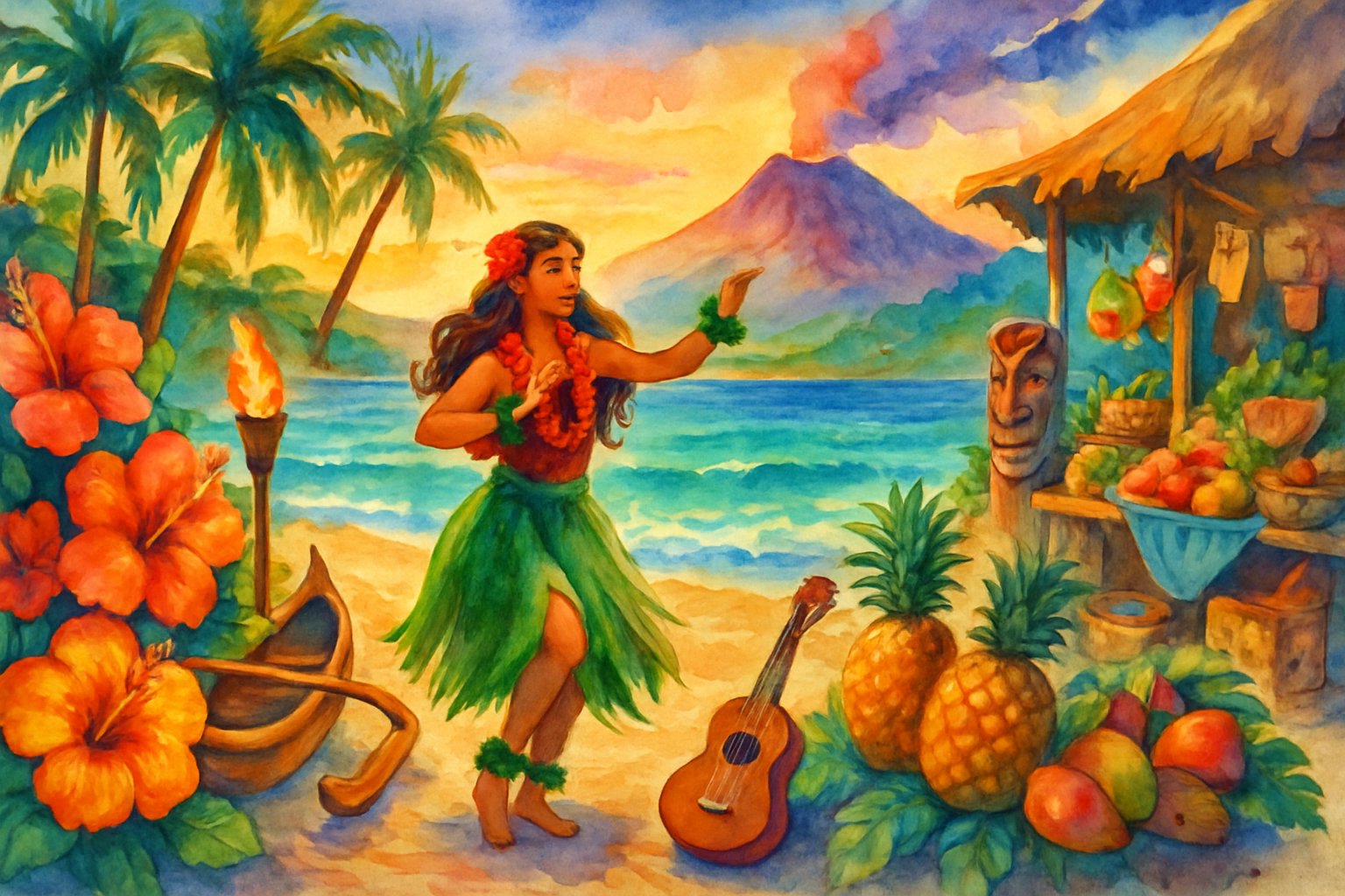 A tropical beach scene with a hula dancer, palm trees, volcanic mountains, and a canoe near the shore at sunset.