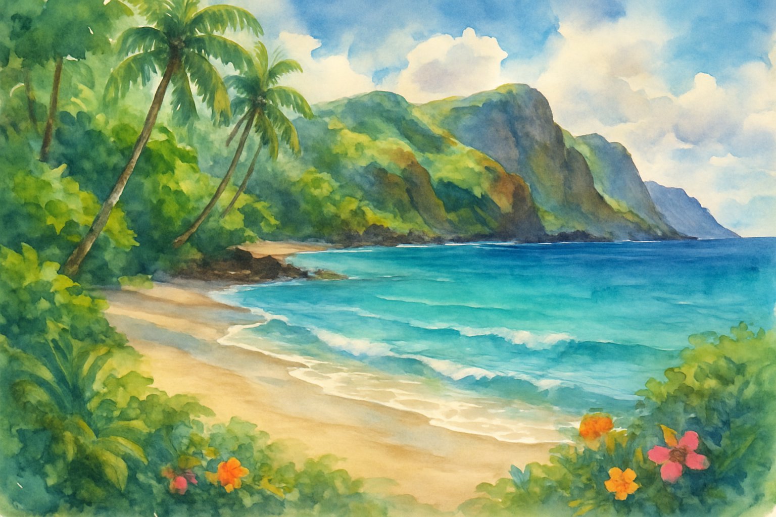 A peaceful hidden beach with clear turquoise water, white sand, palm trees, tropical plants, and volcanic cliffs in the background.