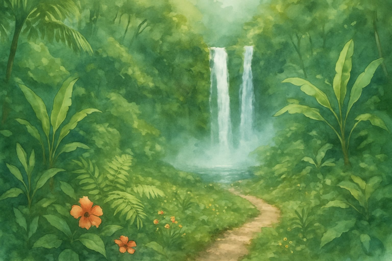 A hidden waterfall in a dense tropical forest with a narrow hiking trail winding nearby, surrounded by lush green plants and trees.