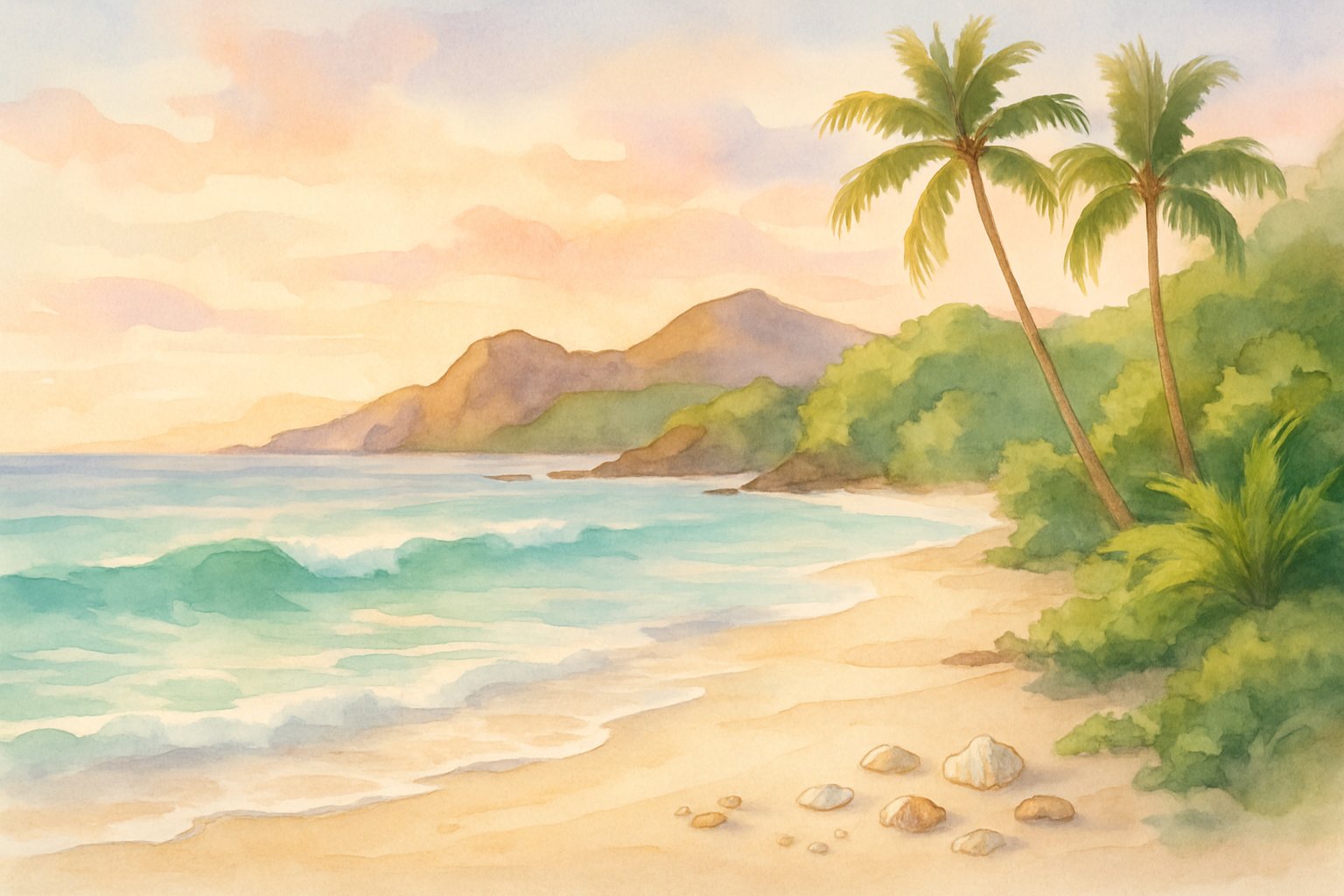 A peaceful beach on Maui's North Shore with turquoise waves, white sand, green palm trees, and hills in the background under a colorful sky.