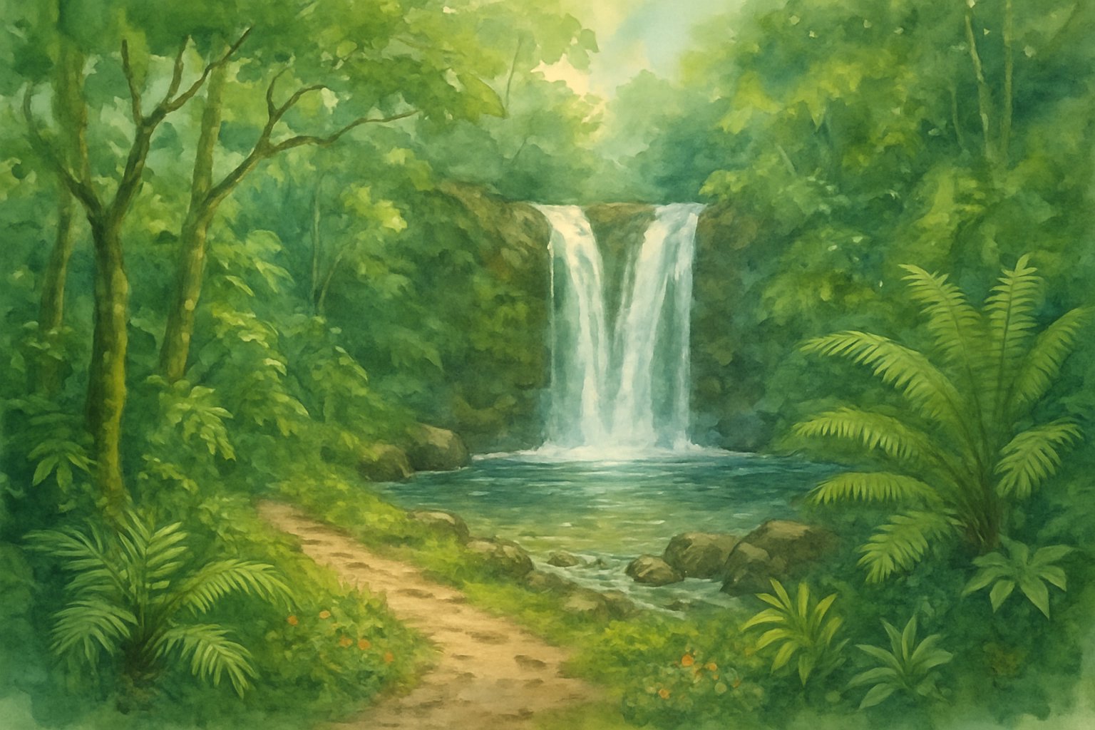 A hidden waterfall in a tropical forest with a clear pool of water and a narrow hiking trail leading through lush greenery.
