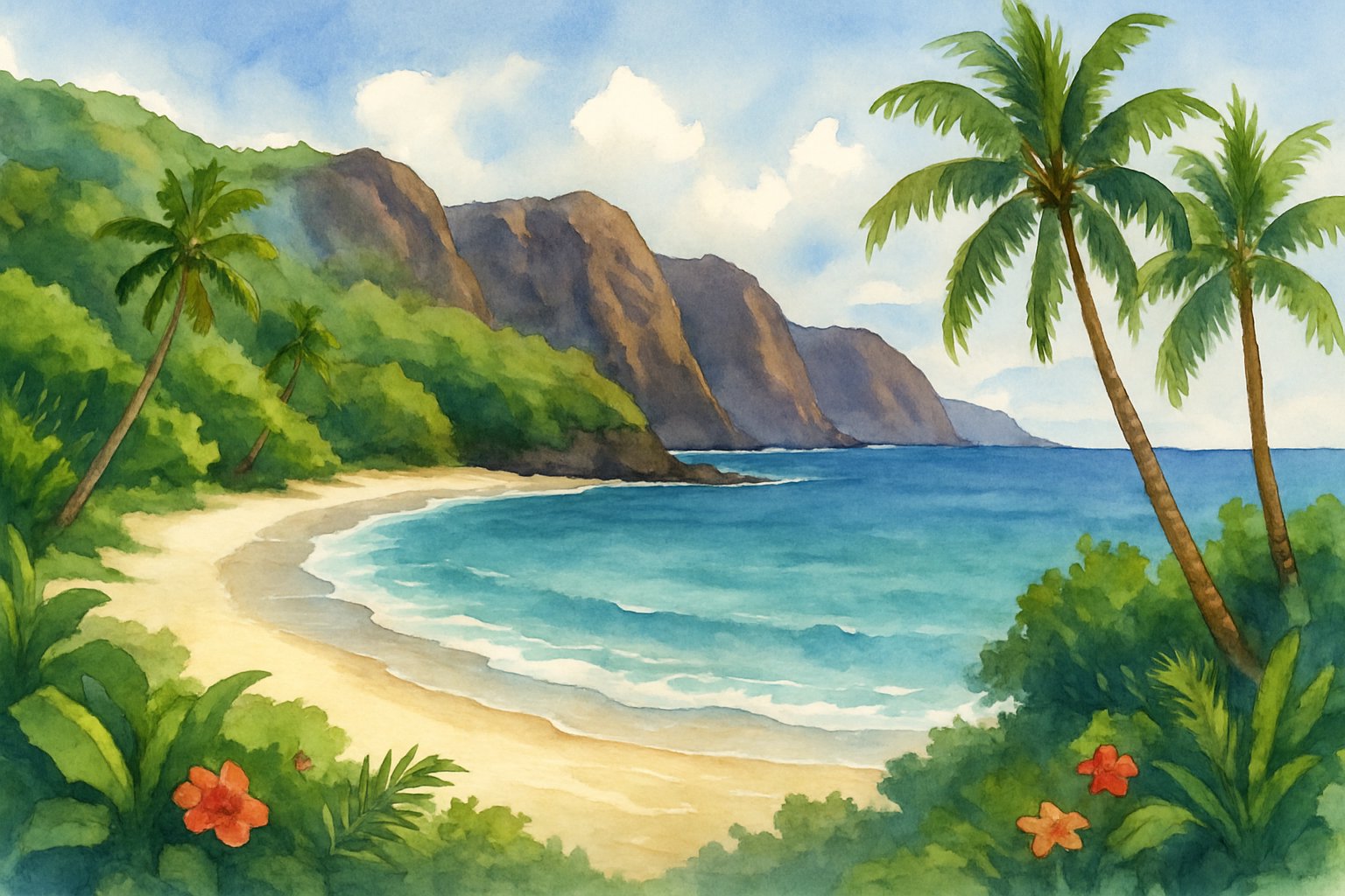 A quiet secluded beach in West Maui with white sand, turquoise water, palm trees, and volcanic cliffs in the background.