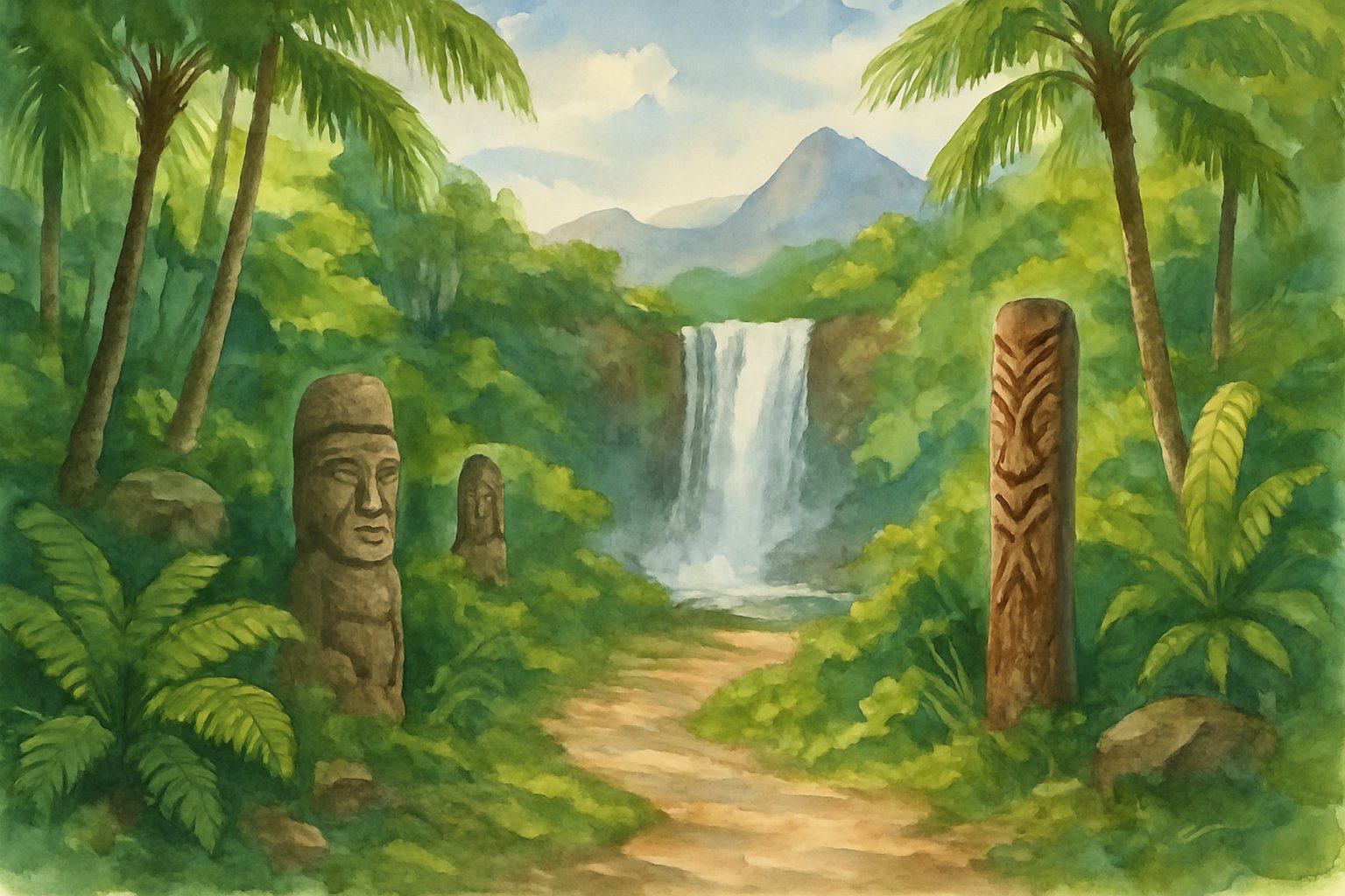 A tropical hiking trail on Oahu with a hidden waterfall surrounded by lush greenery, stone tiki statues, and distant mountains.