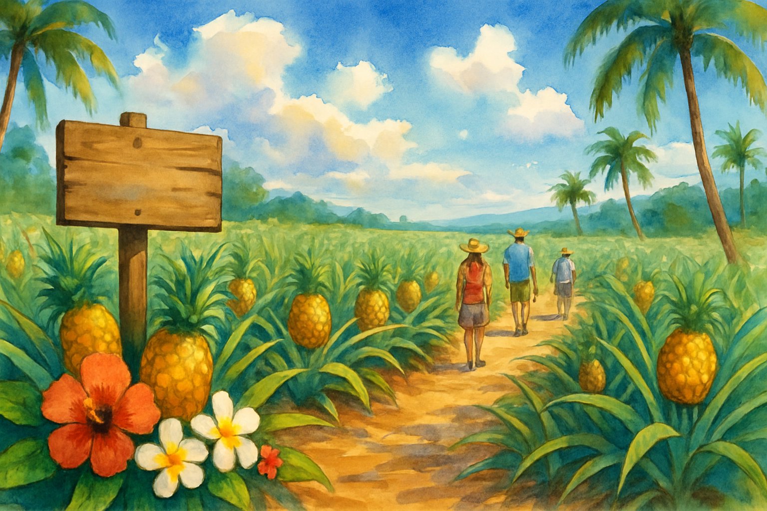 People walking through a pineapple plantation with rows of pineapple plants, palm trees, and a wooden sign surrounded by tropical flowers.