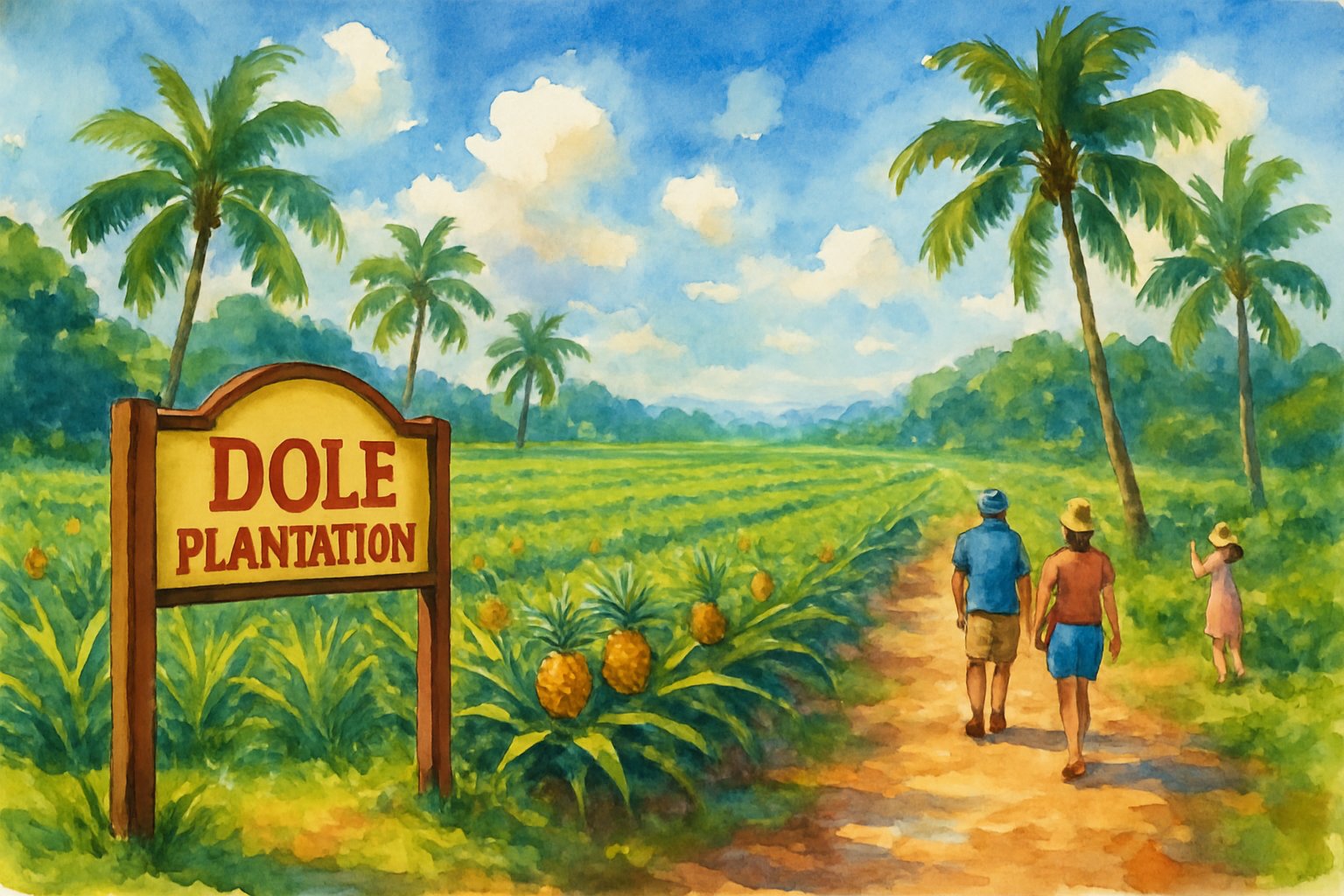 A sunny scene of pineapple fields with palm trees and visitors walking along a path at the Dole Plantation.