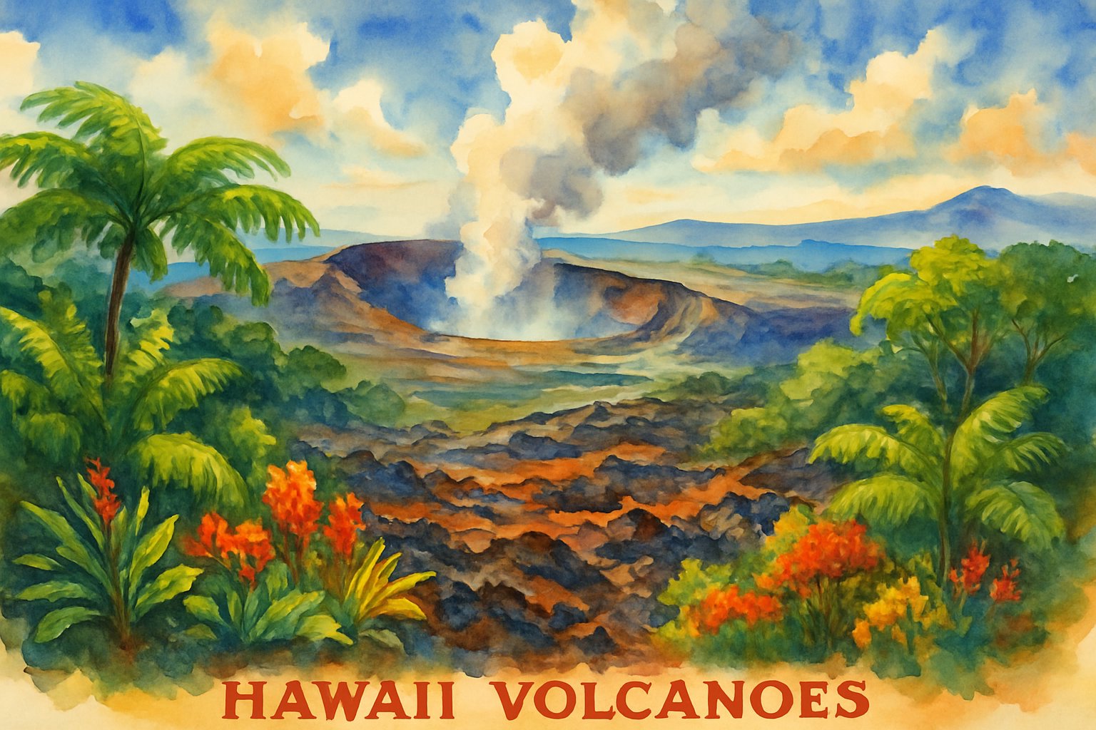 A volcanic landscape with lush tropical plants, a smoking crater, and distant mountains under a partly cloudy sky.
