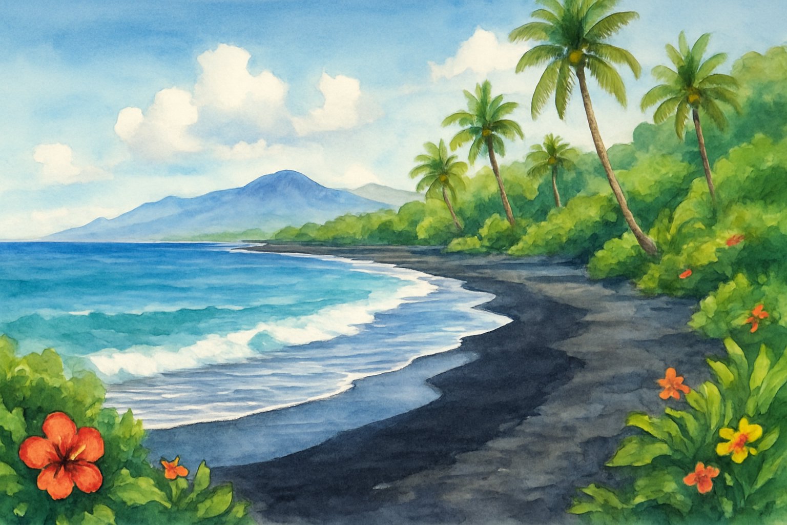 A peaceful black sand beach with turquoise ocean waves, green palm trees, and distant volcanic mountains under a blue sky.